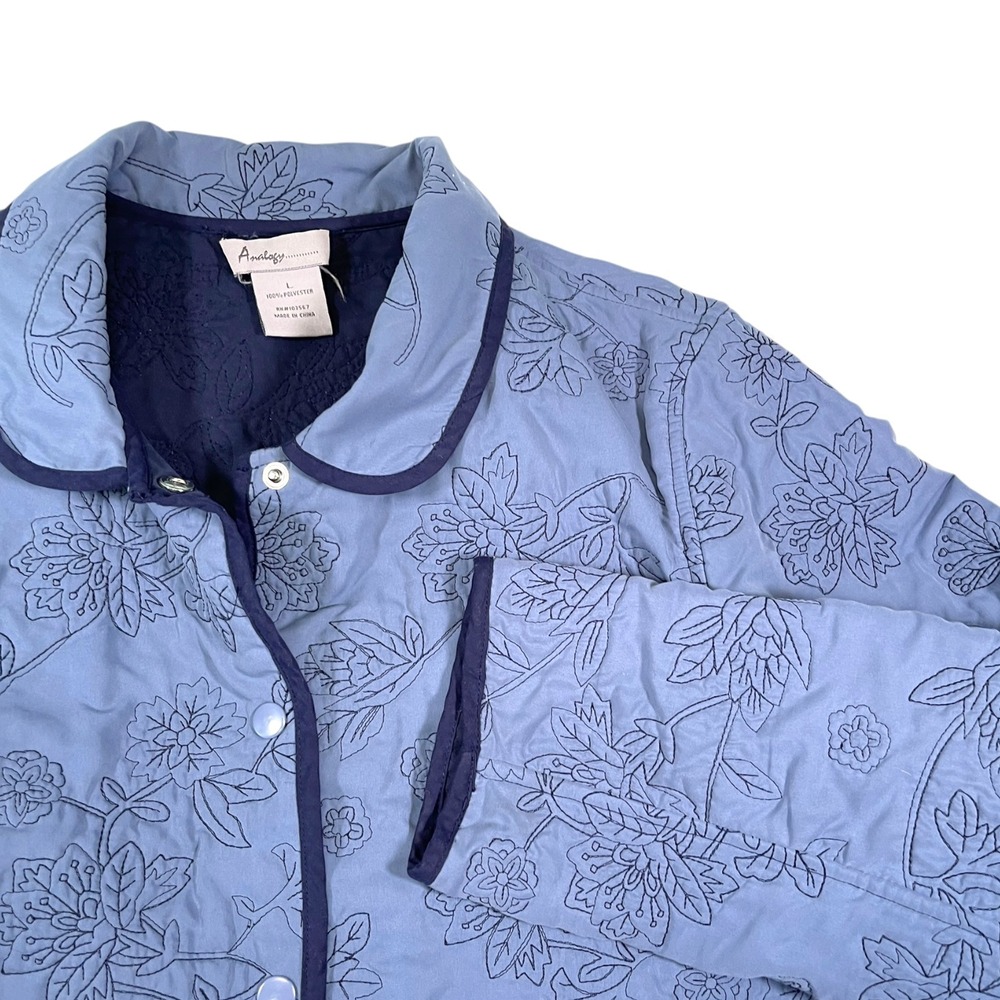 Analogy Large Blue Quilted Jacket Floral Embroidered Cottagecore‎ Vintage